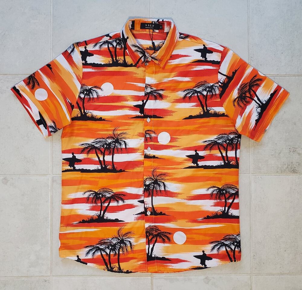 SSLR Men's Medium Hawaiian Orange Sunset Print Collared Short Sleeve Shirts NWOT